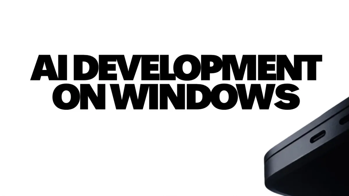 Beyaz arka planda AI Development on Windows yazısı ve bir bilgisayarın köşesi