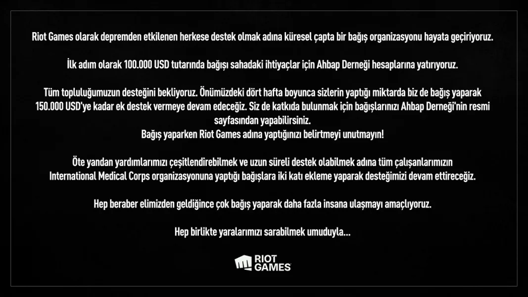 Riot Games Kahramanmaraş Depremi İçin Yardım Kampanyası Başlattı