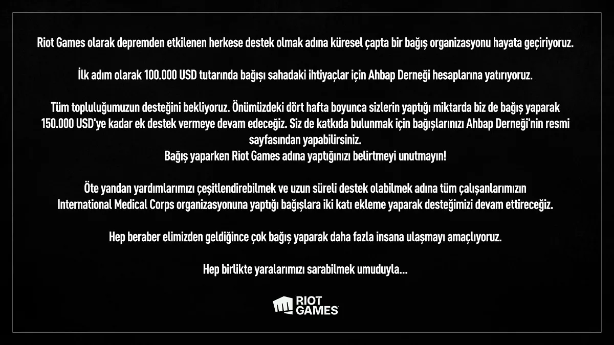 Riot Games Kahramanmaraş Depremi İçin Yardım Kampanyası Başlattı