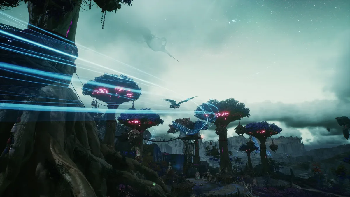 AION 2 dünyasında mavi ışık izleriyle çevrili dev ağaçlar ve havada süzülen kanatlı bir karakter.