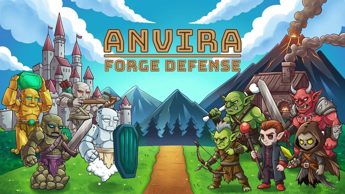 Anvira: Forge Defense logosunun altında karşı karşıya duran golemler ve fantastik düşmanlar
