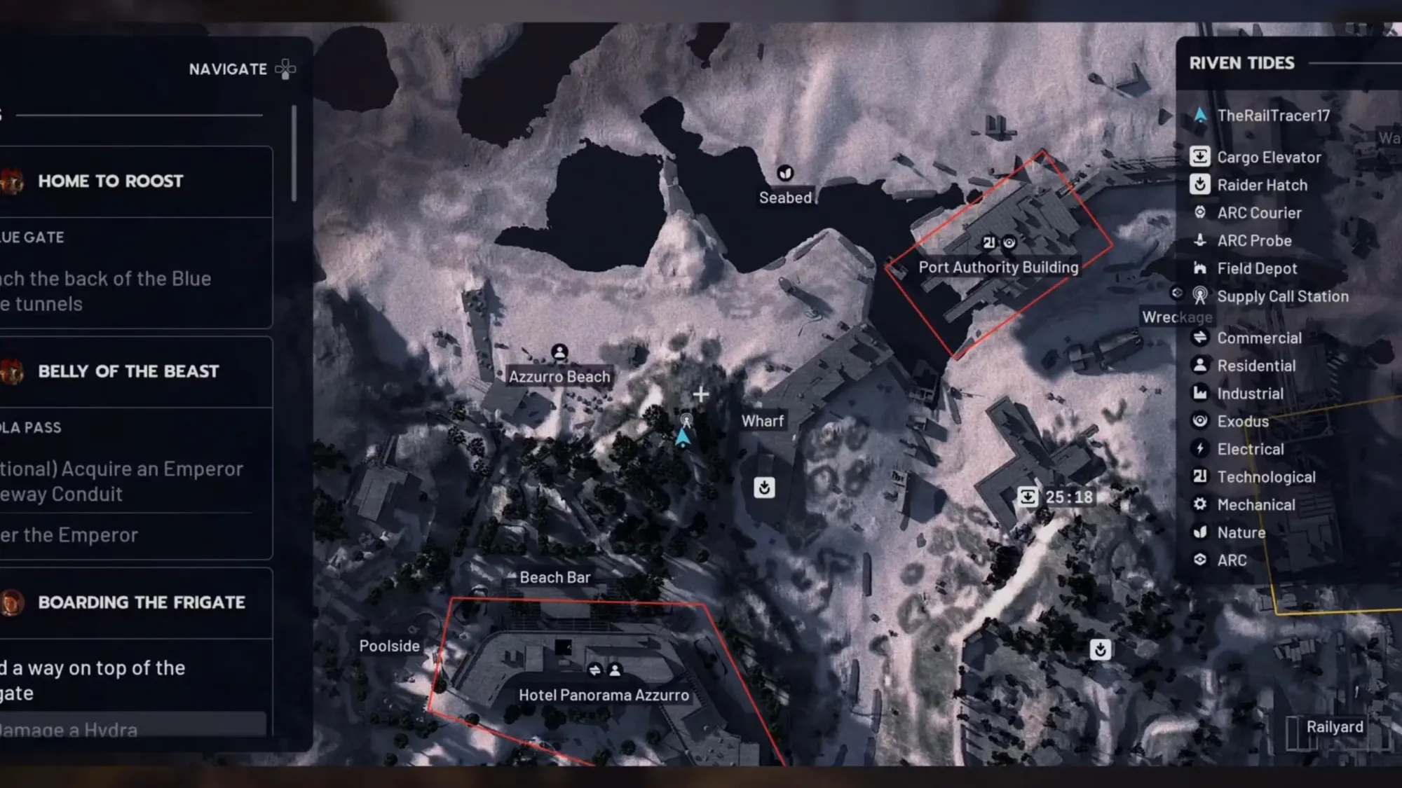 Eski Raider kampının konumu Riven Tides haritasında Hotel Panorama Azzurro’nun kuzeyinde, Azzurro Beach ve Wharf arasında kamp konumu