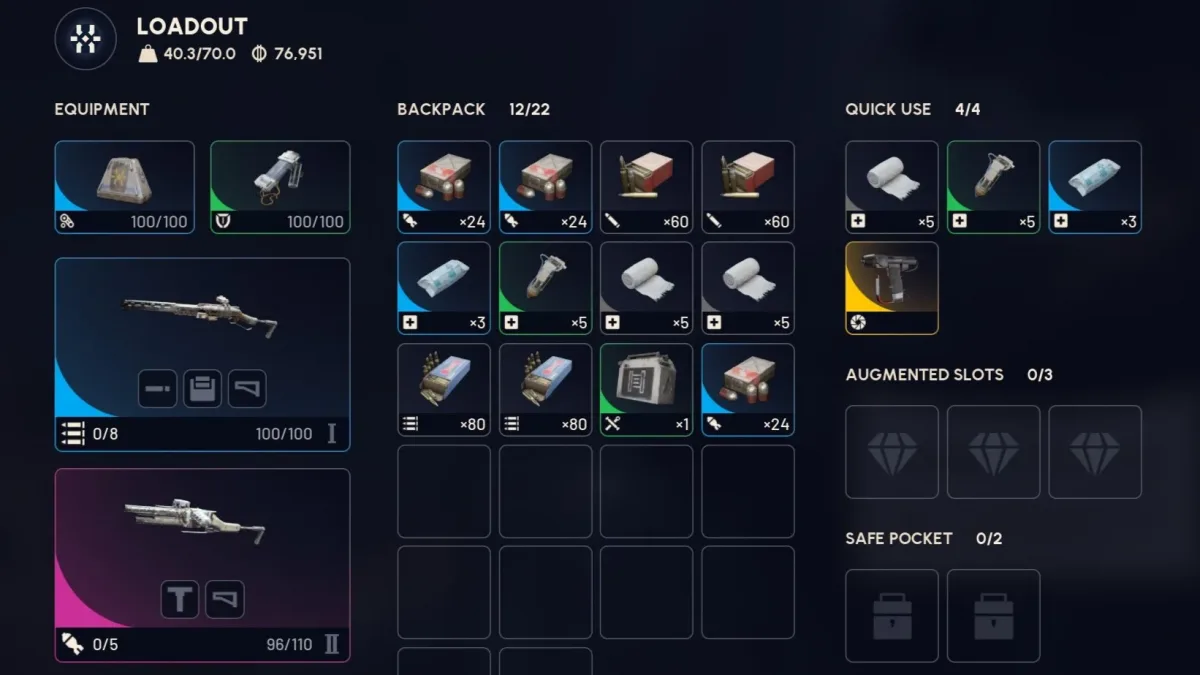 ARC Raiders ekipman ekranında silahlar, mühimmat, iyileştirme malzemeleri ve boş Safe Pocket yuvaları