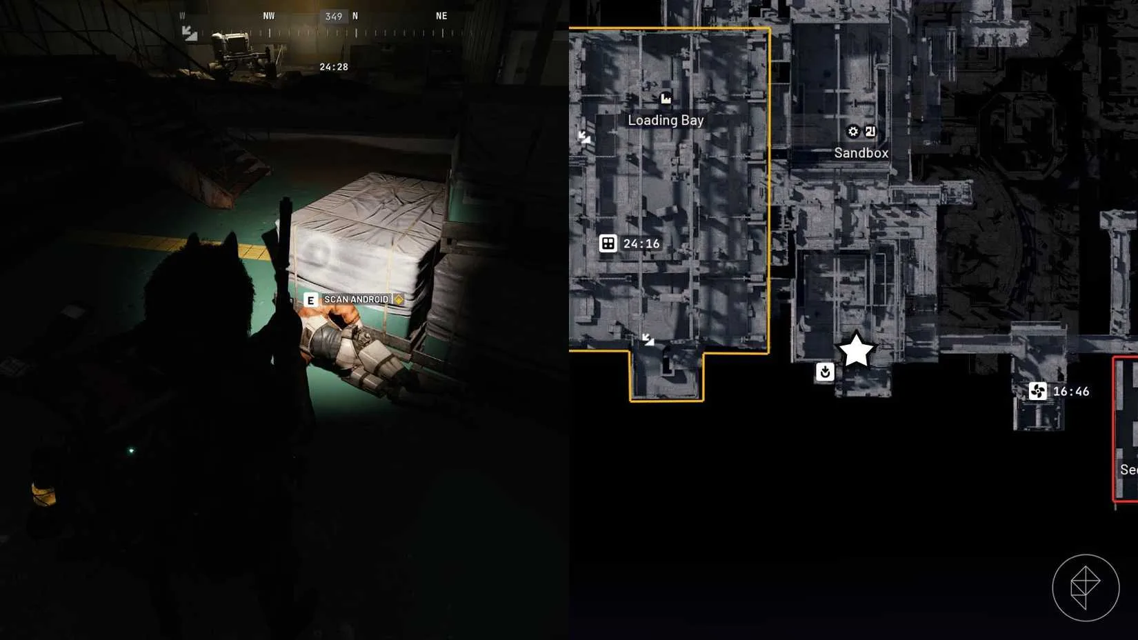 Sandbox'ın güneyindeki androidin Scan Android etkileşimi ve Stella Montis haritasında yıldızla işaretlenmiş konumu