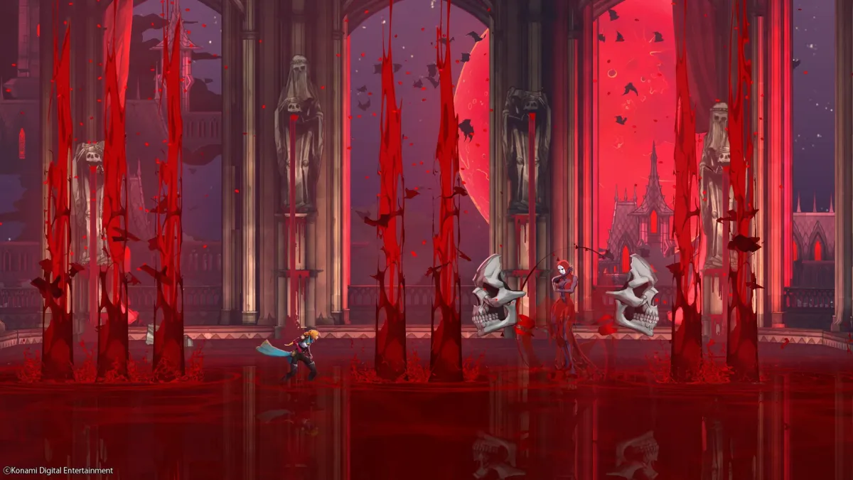 Castlevania: Belmont’s Curse’te kırmızı sütunlar arasında düşmanlarla çatışma