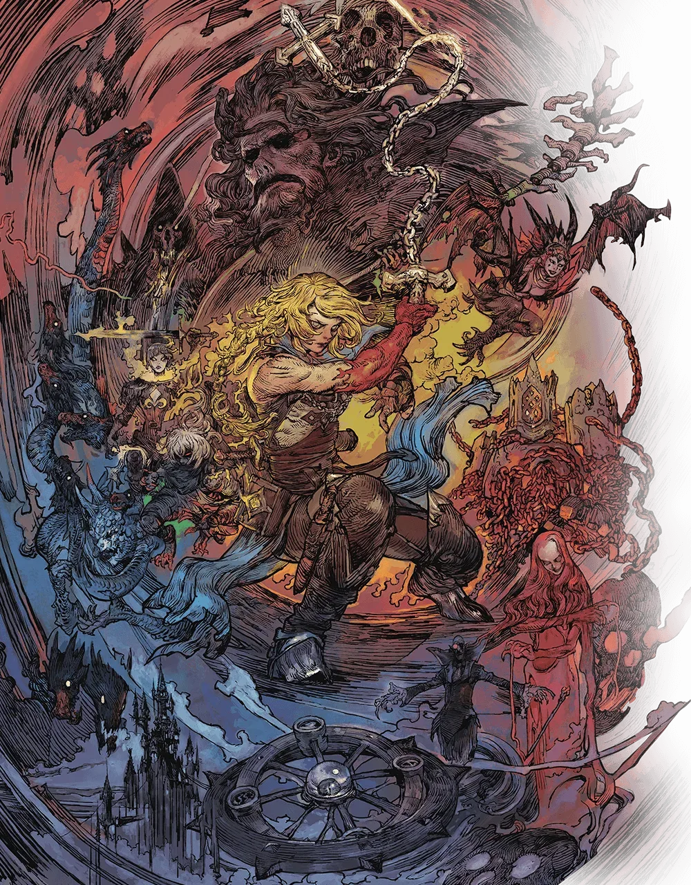 Castlevania: Belmont's Curse çiziminde kırbacını savuran Rose ve yaratıklar