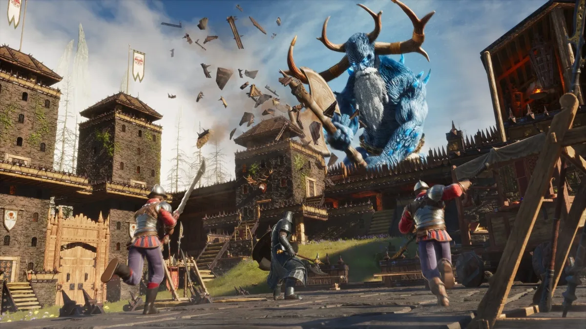 Conan Exiles Enhanced'da baltalı devin saldırdığı kaleyi savunan savaşçılar
