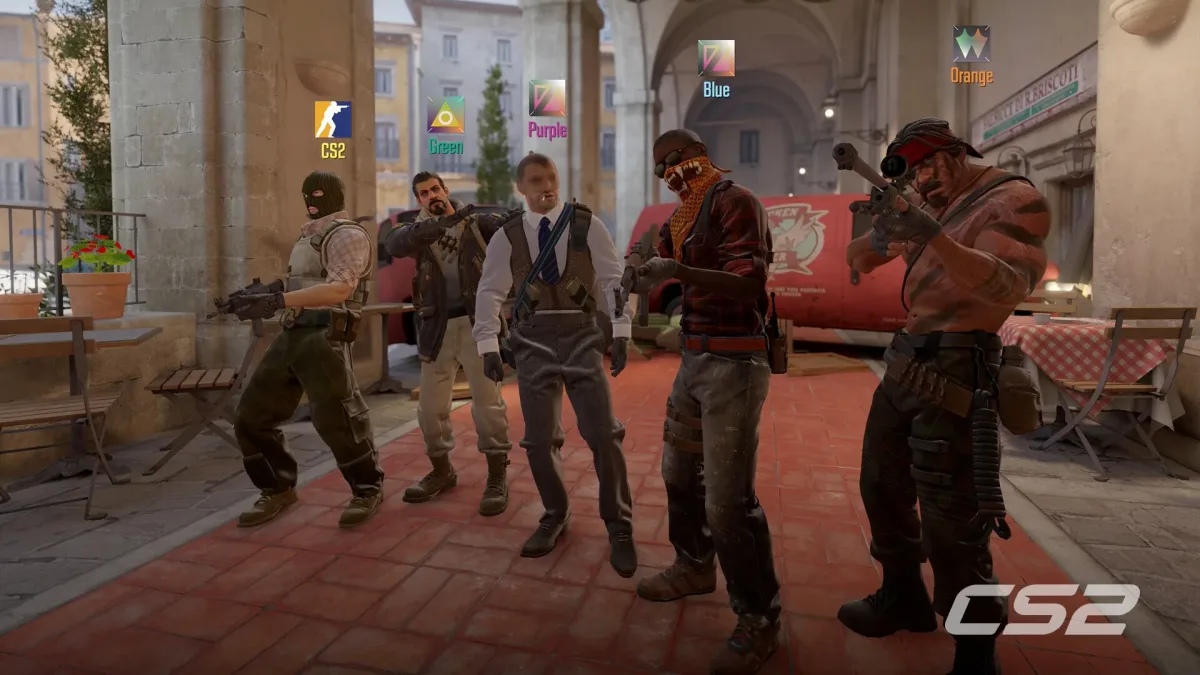 Counter-Strike 2 karakterleri bir sokakta silahlarıyla yan yana duruyor