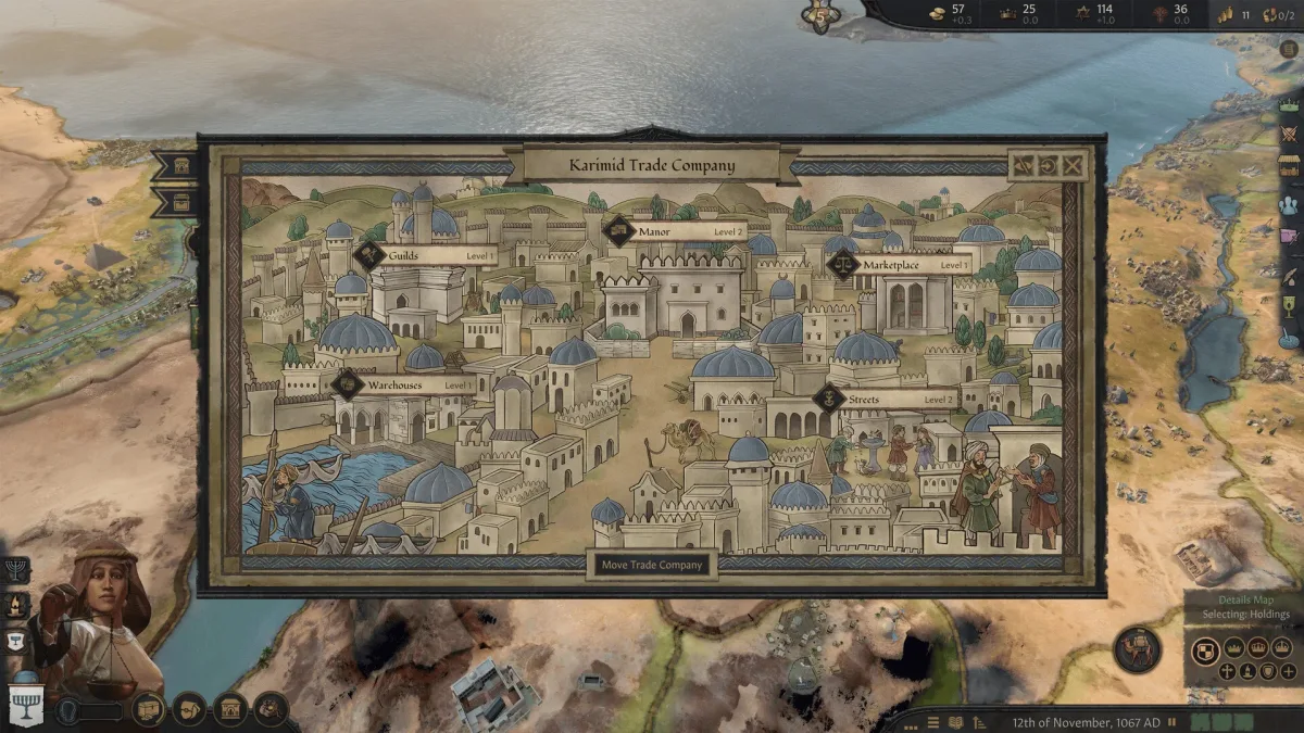 Crusader Kings 3: Silk & Silver’da ticaret şirketinin konak ve bina geliştirme ekranı