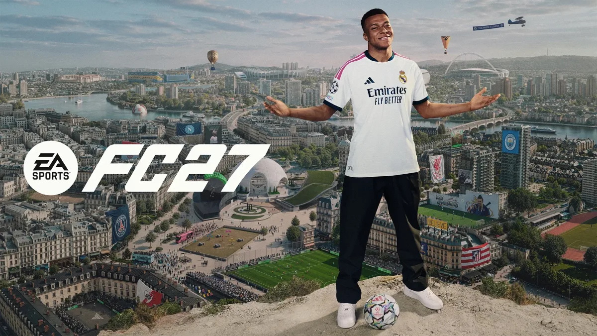 Real Madrid formasıyla şehir ve stadyum manzarasının önünde kollarını açan Kylian Mbappé ve EA Sports FC 27 logosu.