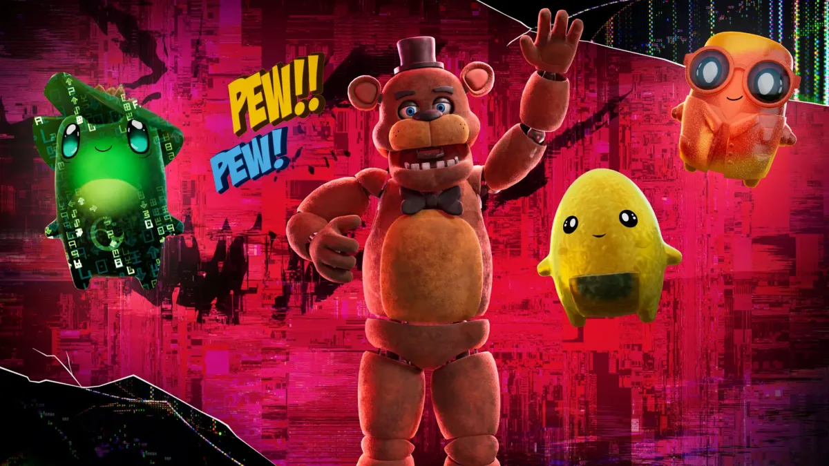 Freddy Fazbear ve renkli büyücükler, Fortnite Power Hours etkinlik görselinde.