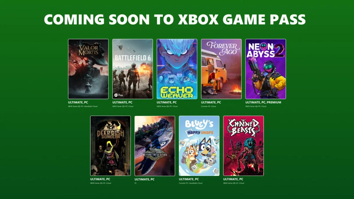 Yeşil fonda Battlefield 6, Valor Mortis ve diğer yedi oyunun kapaklarıyla Xbox Game Pass duyuru görseli