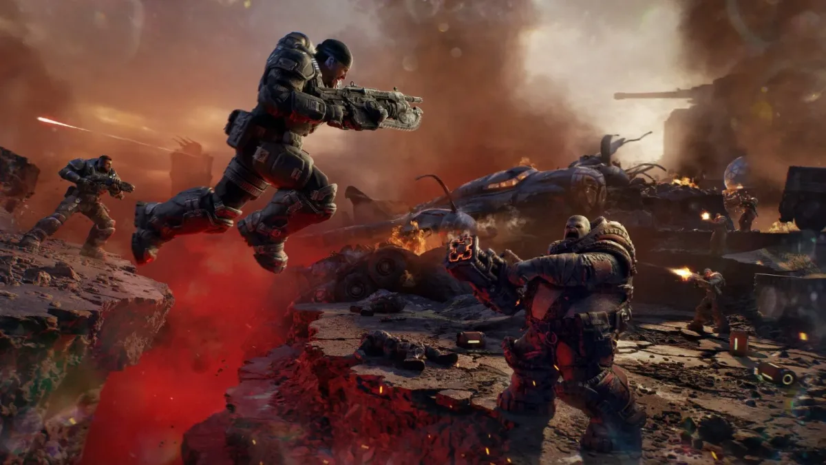 Gears of War: E-Day'de yıkılmış bir sokakta askerler ile Locust arasındaki çatışma