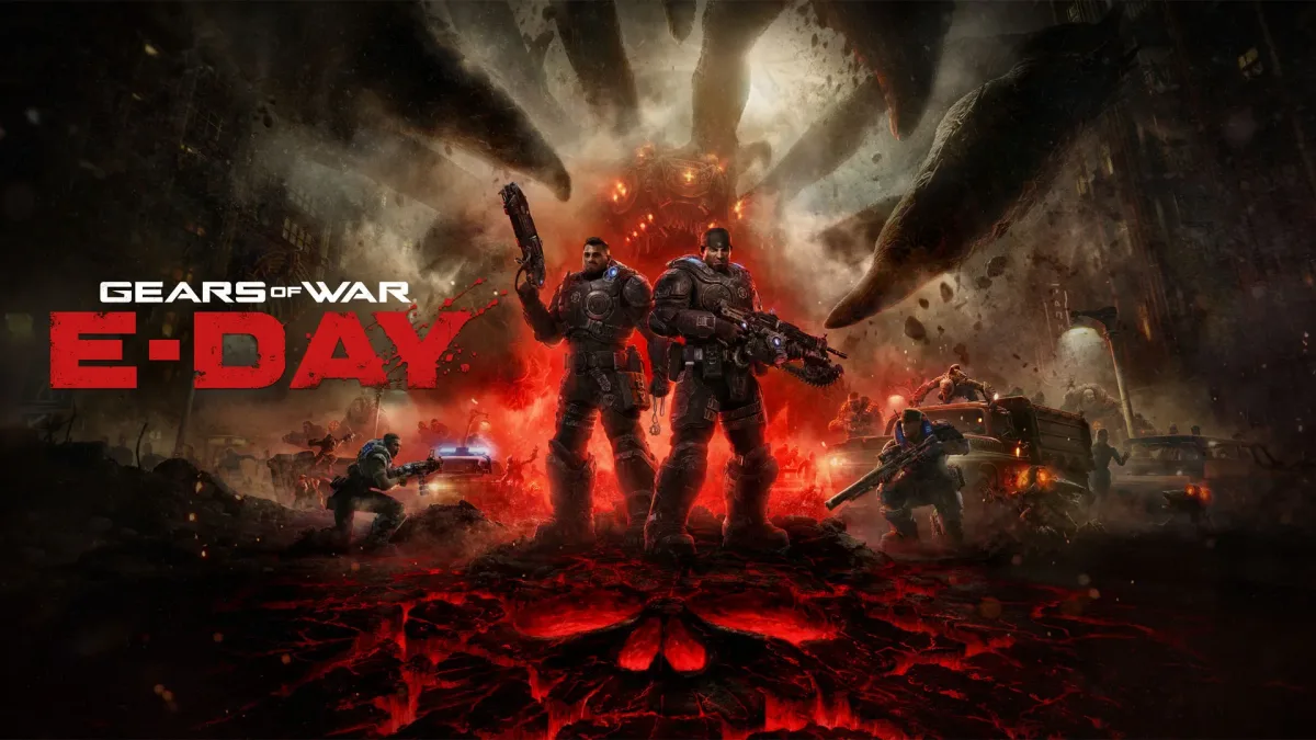 Gears of War: E-Day logosu, zırhlı askerler ve kırmızı ışıkla aydınlanan yıkılmış şehir