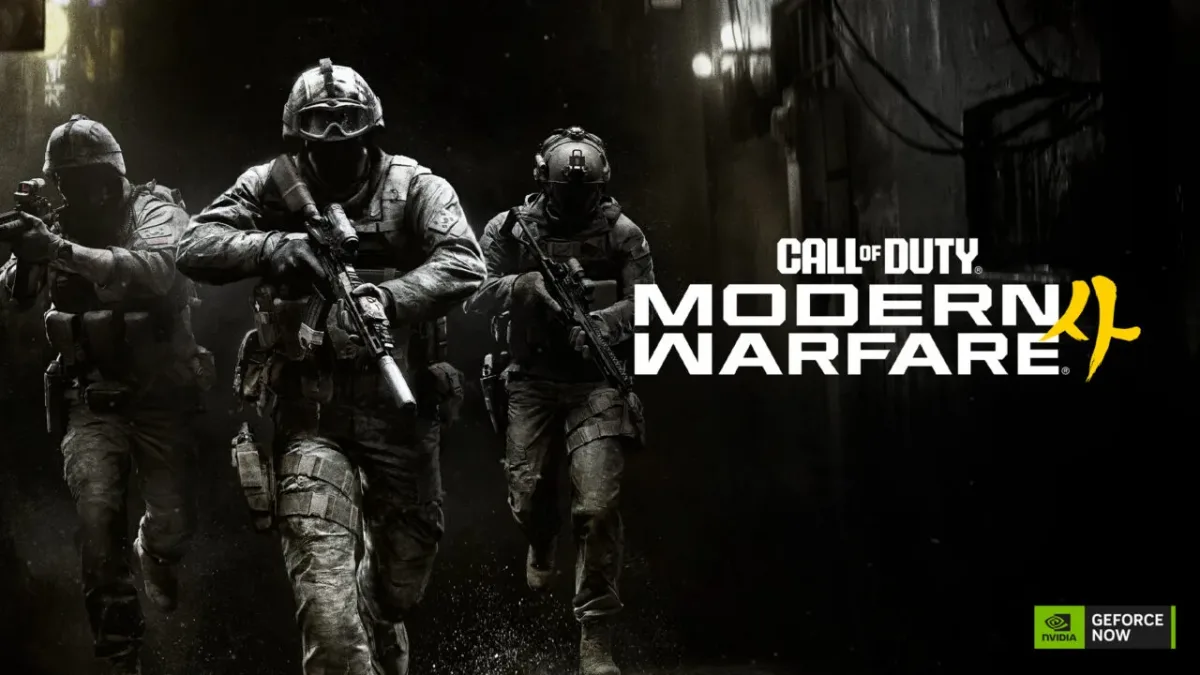 Modern Warfare 4 askerleri, oyun logosu ve GeForce NOW amblemi