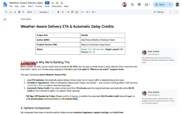 Google Docs’ta açık bir belgede başlıklar, tablo, numaralı liste ve sağdaki yorumlar