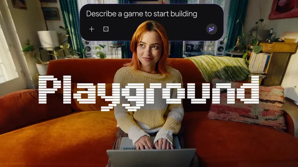 Google Playground tanıtımında oyun fikri yazma alanı ve Playground logosu