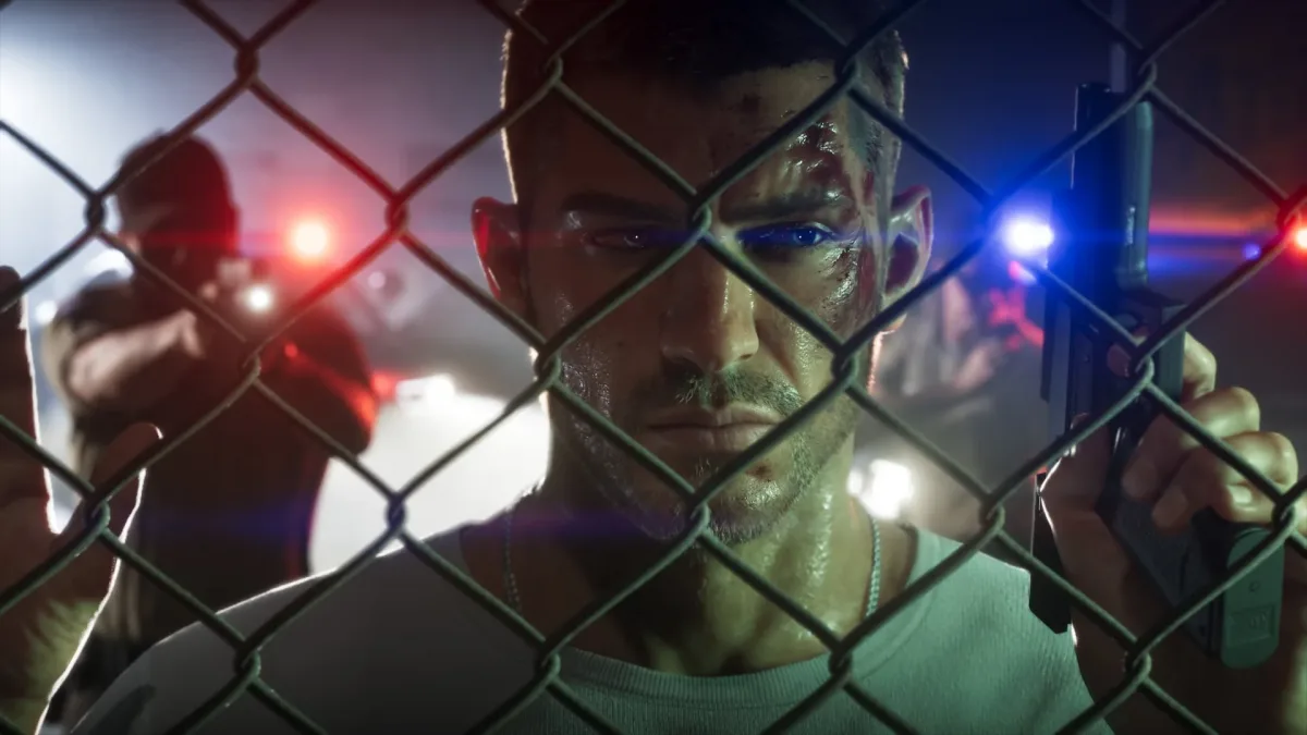 GTA 6’da Jason, elinde tabancayla tel örgünün arkasında duruyor