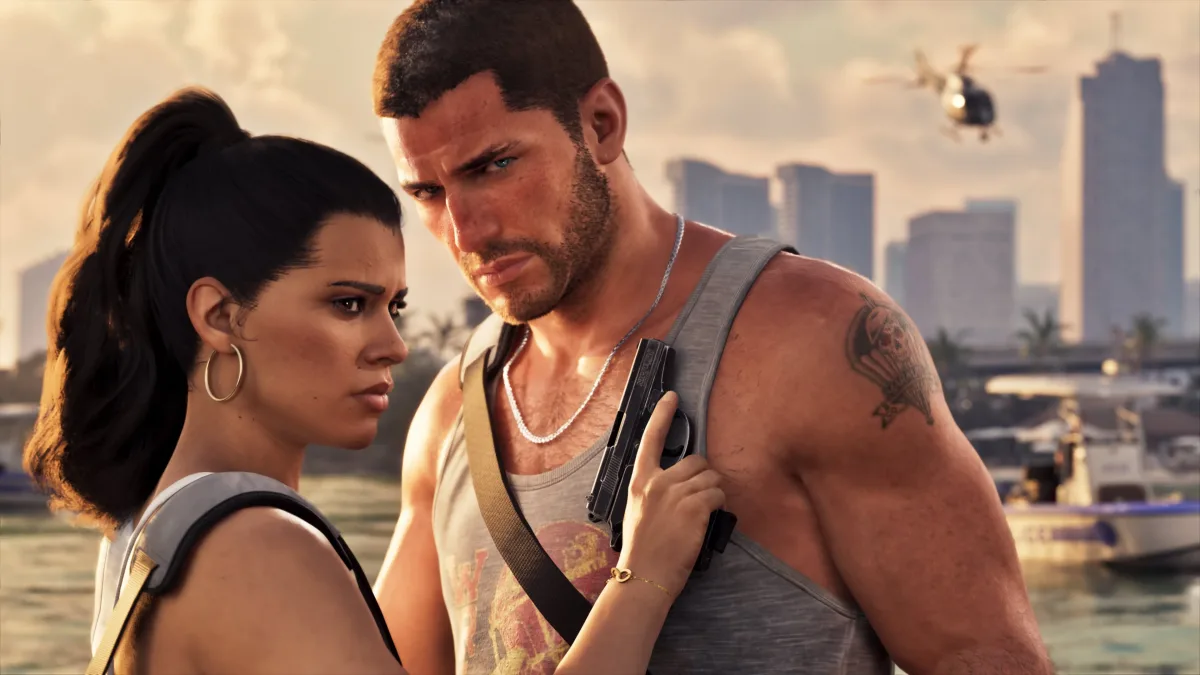 GTA 6 karakterleri Jason ve Lucia, arkalarında şehir silüeti ve bir helikopterle birlikte