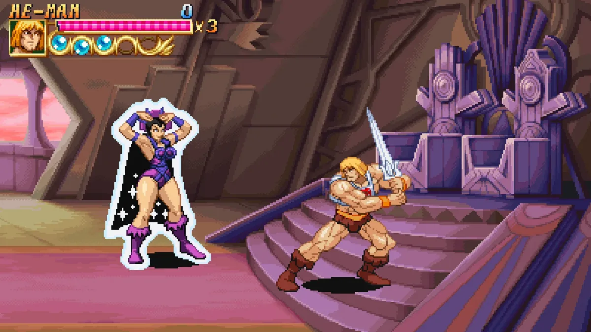 He-Man ve Evil-Lyn’in karşılaştığı piksel çizimli oyun sahnesi