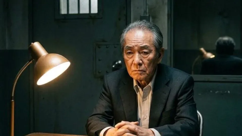 Interrogation Room Komiya oyununda sorgu masasında oturan Komiya