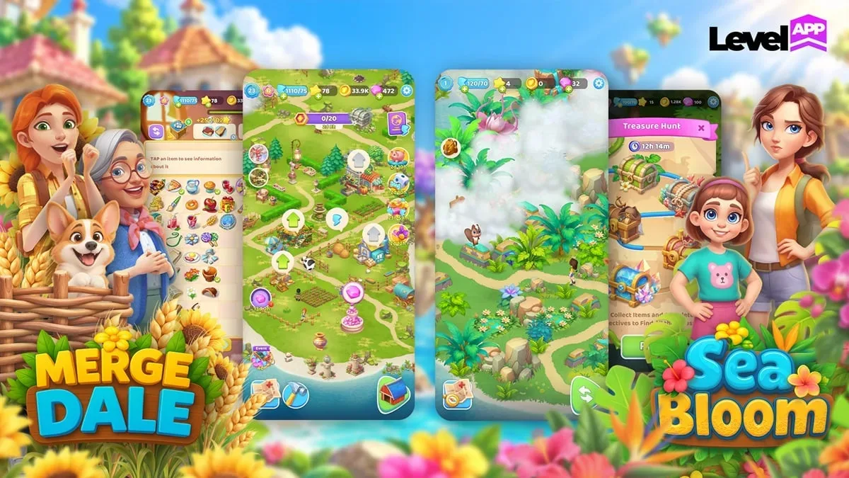 Merge Dale ve Sea Bloom oyun ekranları ile LevelApp karakterleri