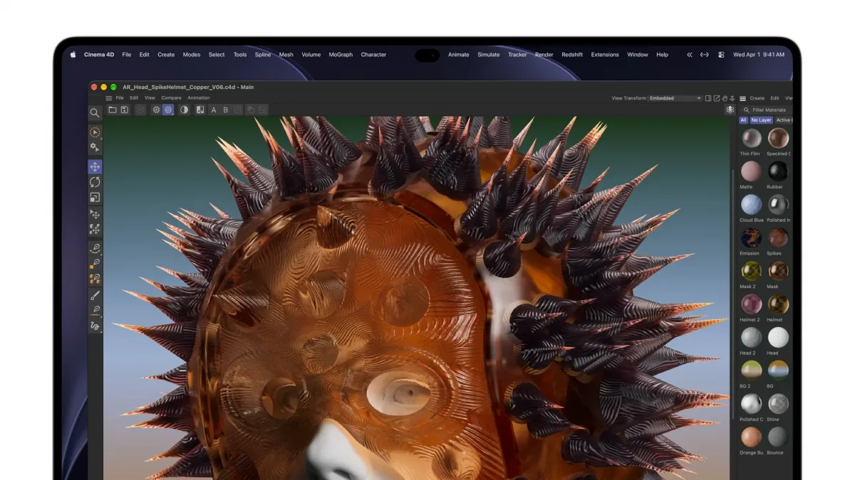 MacBook Pro’nun PROLED XDR ekranında Cinema 4D arayüzü ve üç boyutlu model