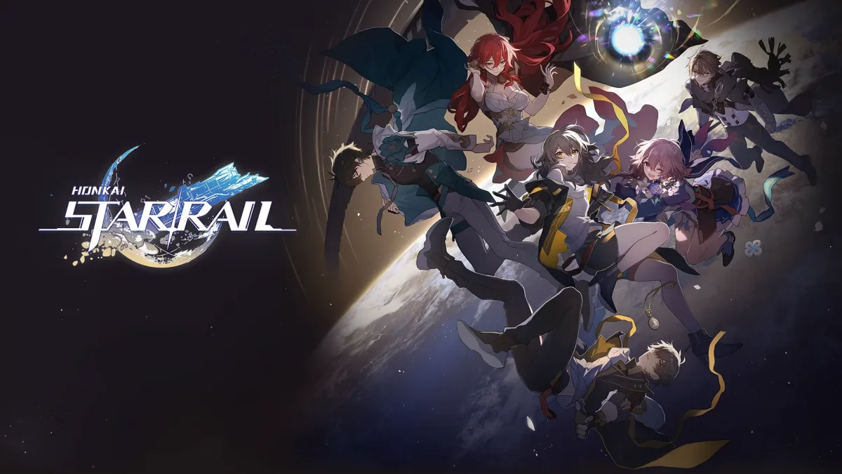 Honkai: Star Rail karakterleri ve uzay arka planı önündeki oyun logosu