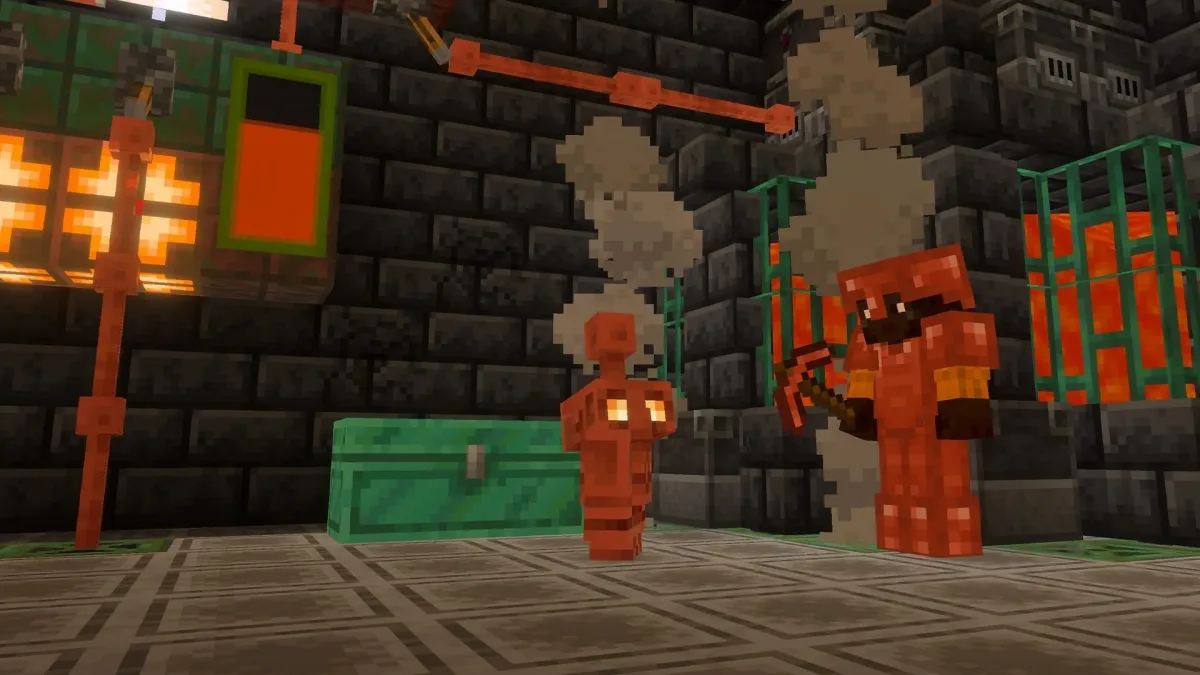 Minecraft atölyesinde bakır golem, yeşil bakır sandık ve bakır zırhlı oyuncu