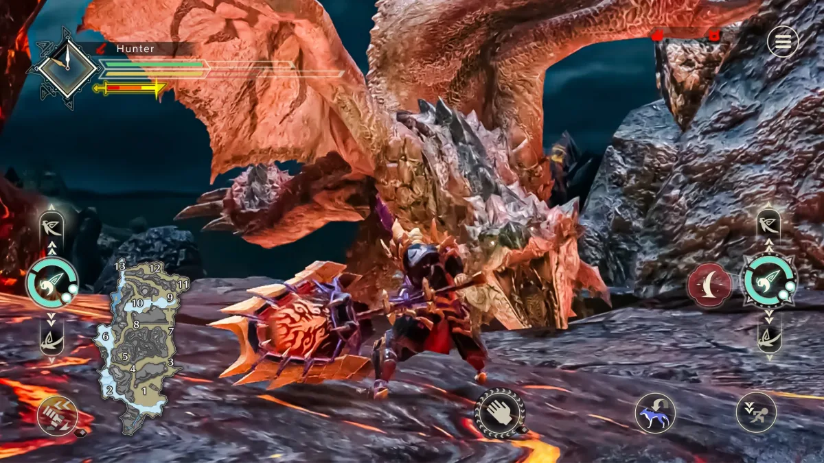 Monster Hunter Rise Netflix'te lavlı alanda canavarla savaşan avcı ve ekrandaki dokunmatik kontroller
