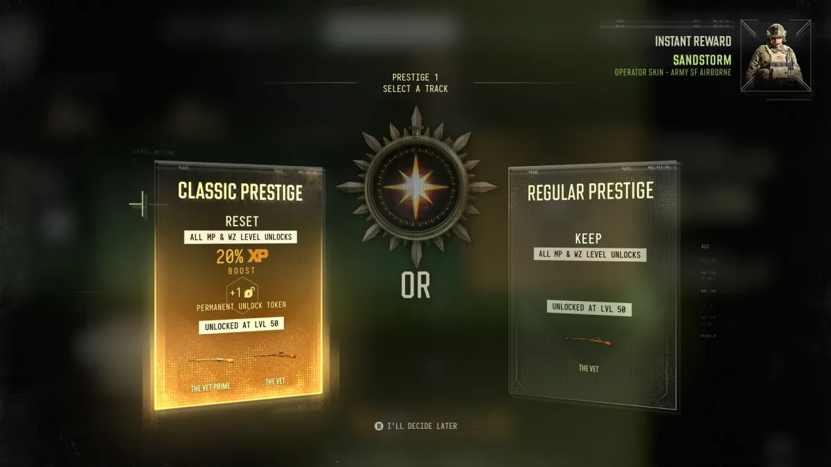 MW4 Classic ve Regular Prestige seçim ekranı