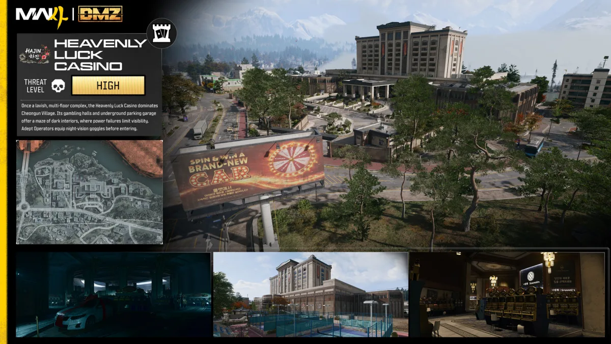 MW4 DMZ'de Heavenly Luck Casino binası, iç mekan görüntüleri ve konum haritası