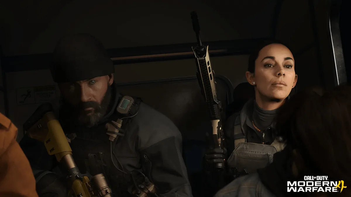 Modern Warfare 4 kampanya görüntüsünde silahlı iki karakter yan yana oturuyor.
