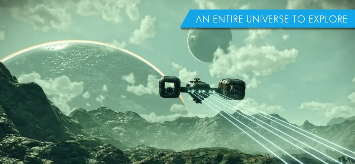 No Man’s Sky iPhone sürümünde bir gezegen üzerinde uçan uzay gemisi