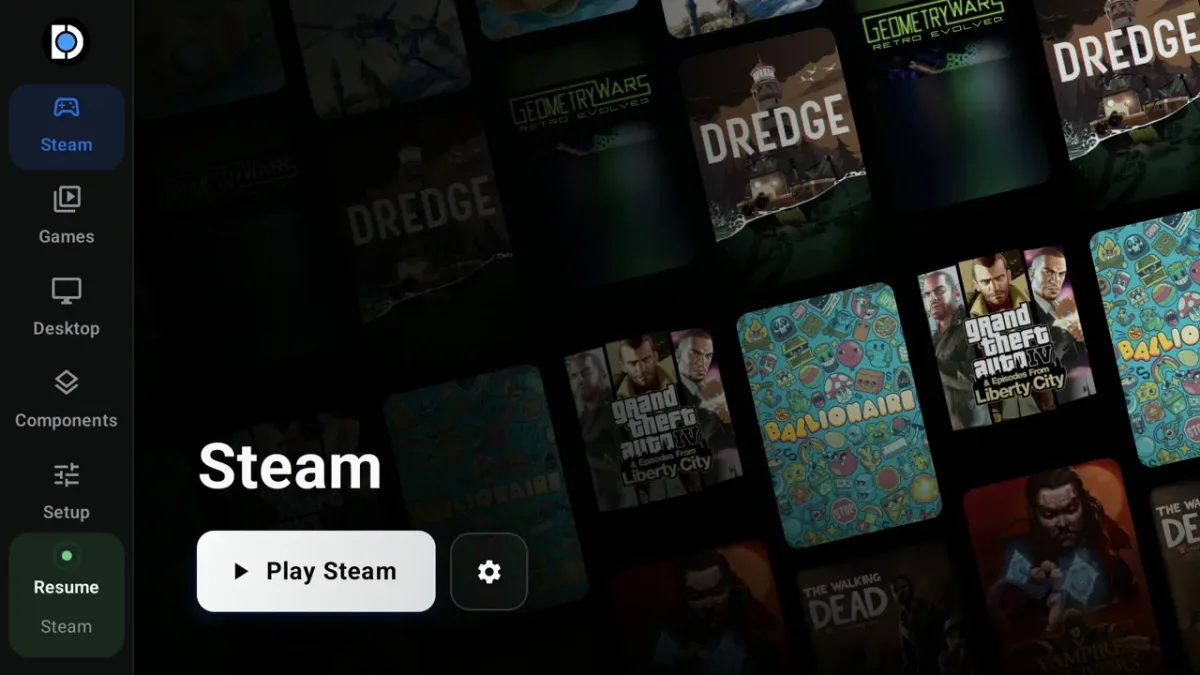 DroidDeck arayüzünde Steam sekmesi, Play Steam düğmesi ve oyun kapakları