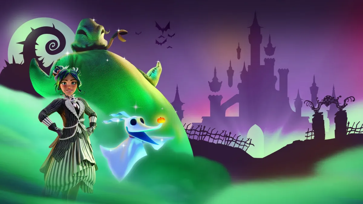 Disney Dreamlight Valley Season of Scares görselinde Zero, Oogie Boogie ve oyuncu karakteri