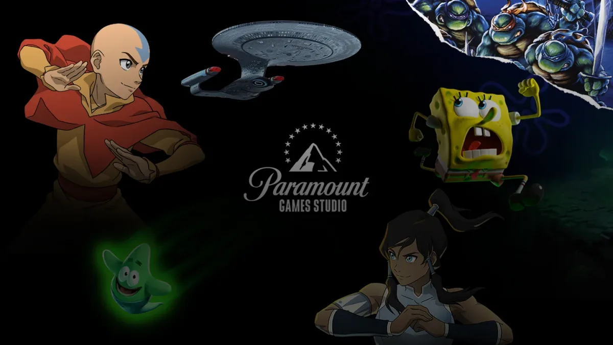 Paramount Games Studio logosu çevresinde Avatar, Star Trek, Ninja Kaplumbağalar ve SüngerBob karakterleri