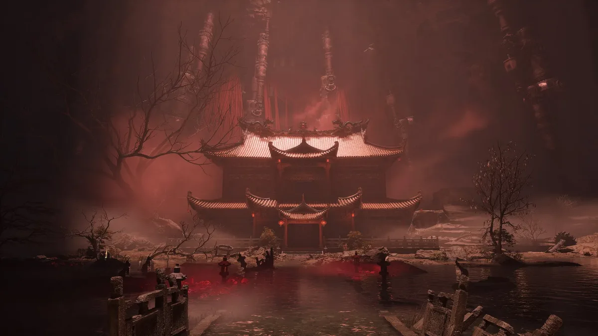 Phantom Blade Zero’da kırmızı sisle çevrili, su kıyısındaki tapınak