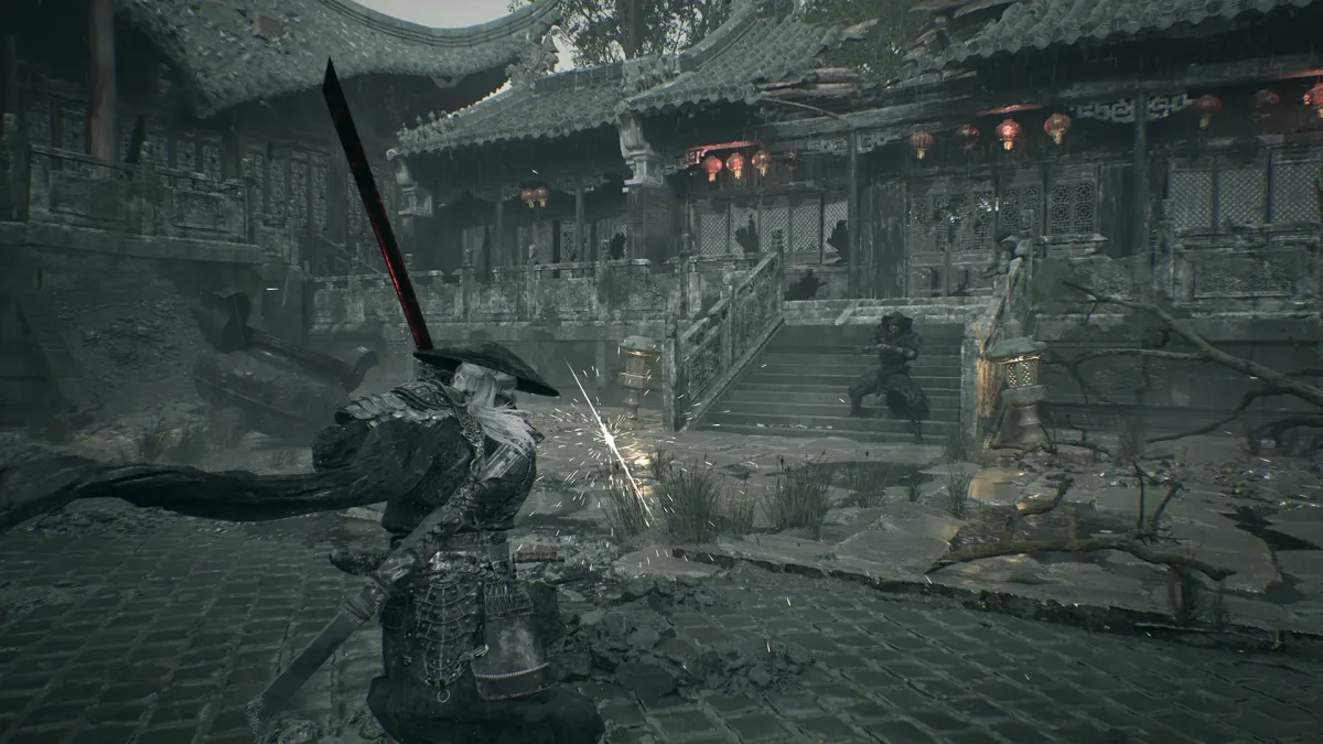 Phantom Blade Zero’da tapınak avlusunda kılıçlı dövüş sahnesi