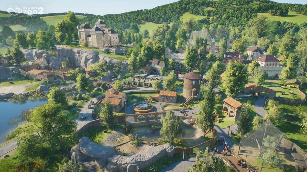 Planet Zoo 2’de yel değirmeni, ziyaretçi yolları ve hayvan yaşam alanları
