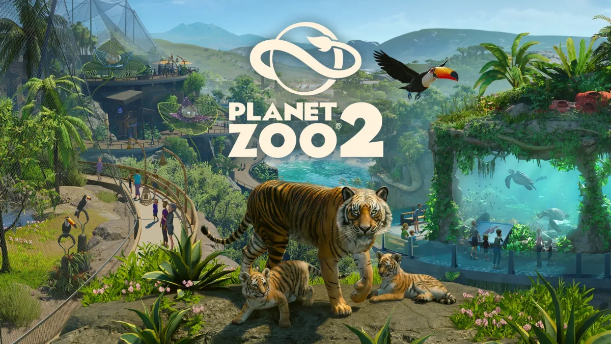 Planet Zoo 2’nin kaplan, tukan ve akvaryumu bir araya getiren resmi tanıtım görseli