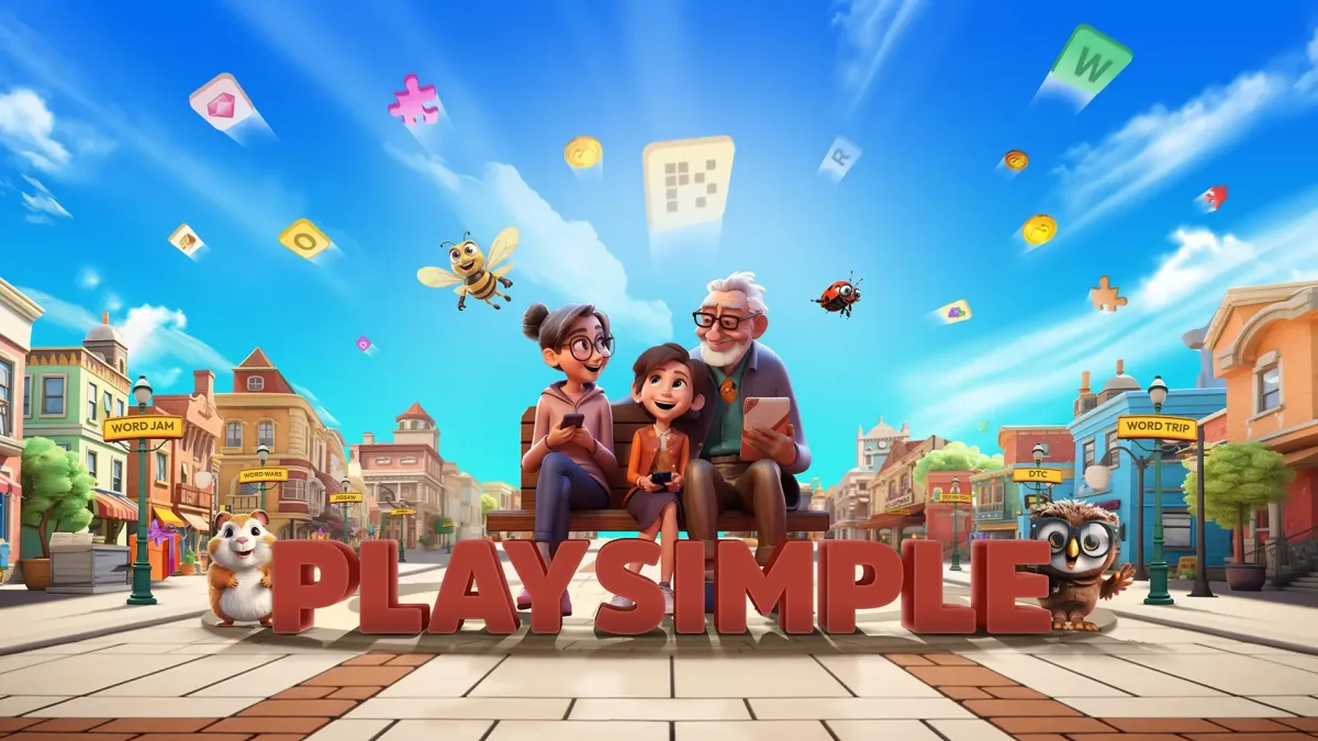 PlaySimple yazısı, bankta oturan üç karakter ve gökyüzündeki harf kutucukları