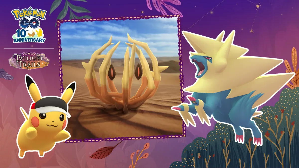 Ortada Bramblin, solda maraton siperlikli Pikachu ve sağda Mega Manectric bulunan Pokémon GO etkinlik görseli