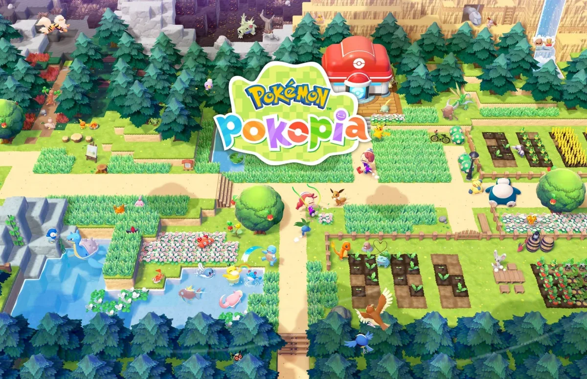 Pokémon Pokopia logosu, Pokémon Center ve Pokémon’larla dolu yerleşim