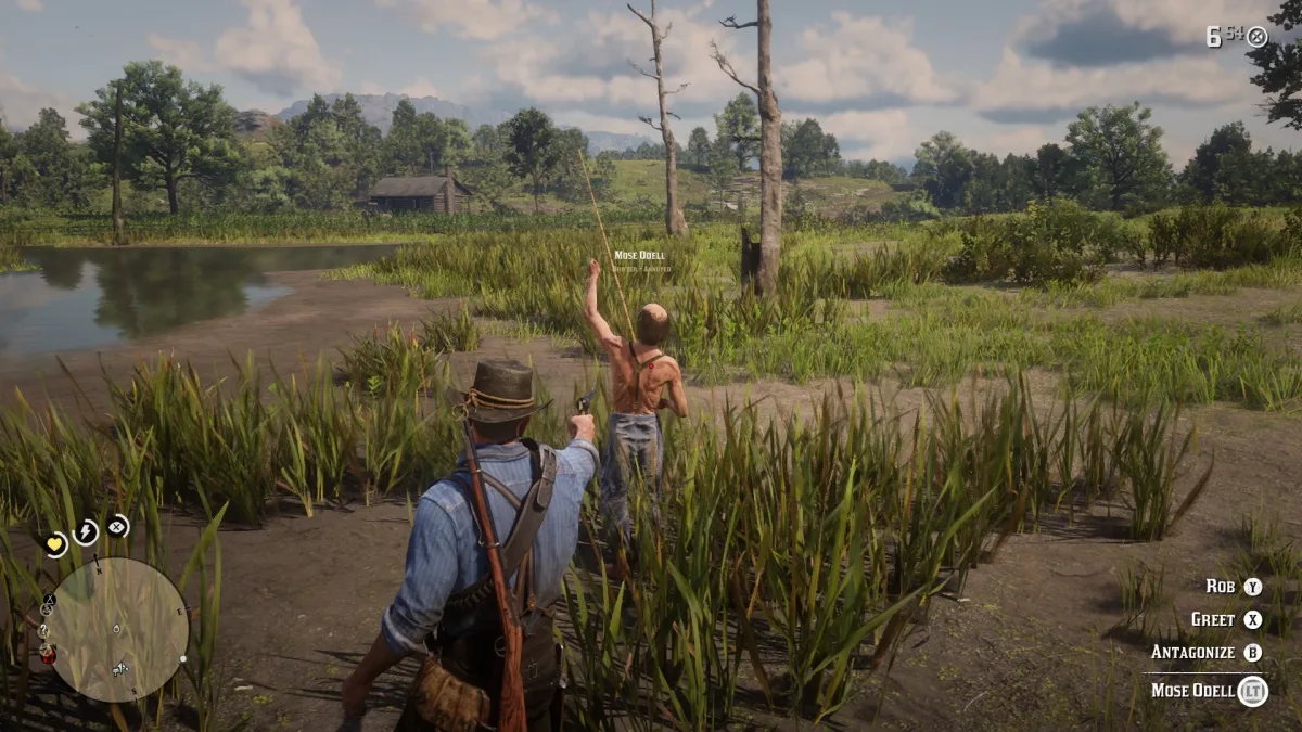 Red Dead Redemption 2 enRAGE modunda, balık tutan Mose Odell adlı NPC’nin üzerinde isim kartı görünüyor.
