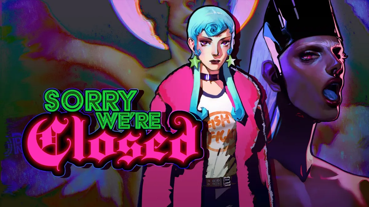 Sorry We’re Closed logosu ve pembe paltolu, mavi saçlı karakter