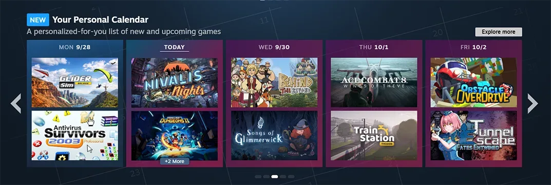 Steam Kişisel Takvim bölümünde günlere göre sıralanan oyun kapakları