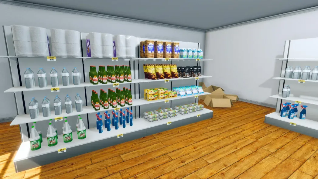 Supermarket Simulator'da ürünlerle dolu raflar, fiyat etiketleri ve mağaza koridoru