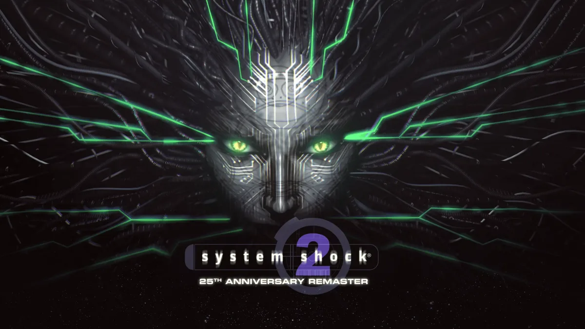System Shock 2: 25th Anniversary Remaster kapağında yeşil gözlü SHODAN'ın yüzü ve oyun logosu