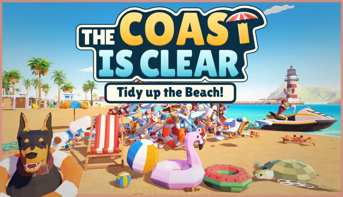 The Coast is Clear logosu, çöplerle dolu sahil, köpek ve deniz kaplumbağası